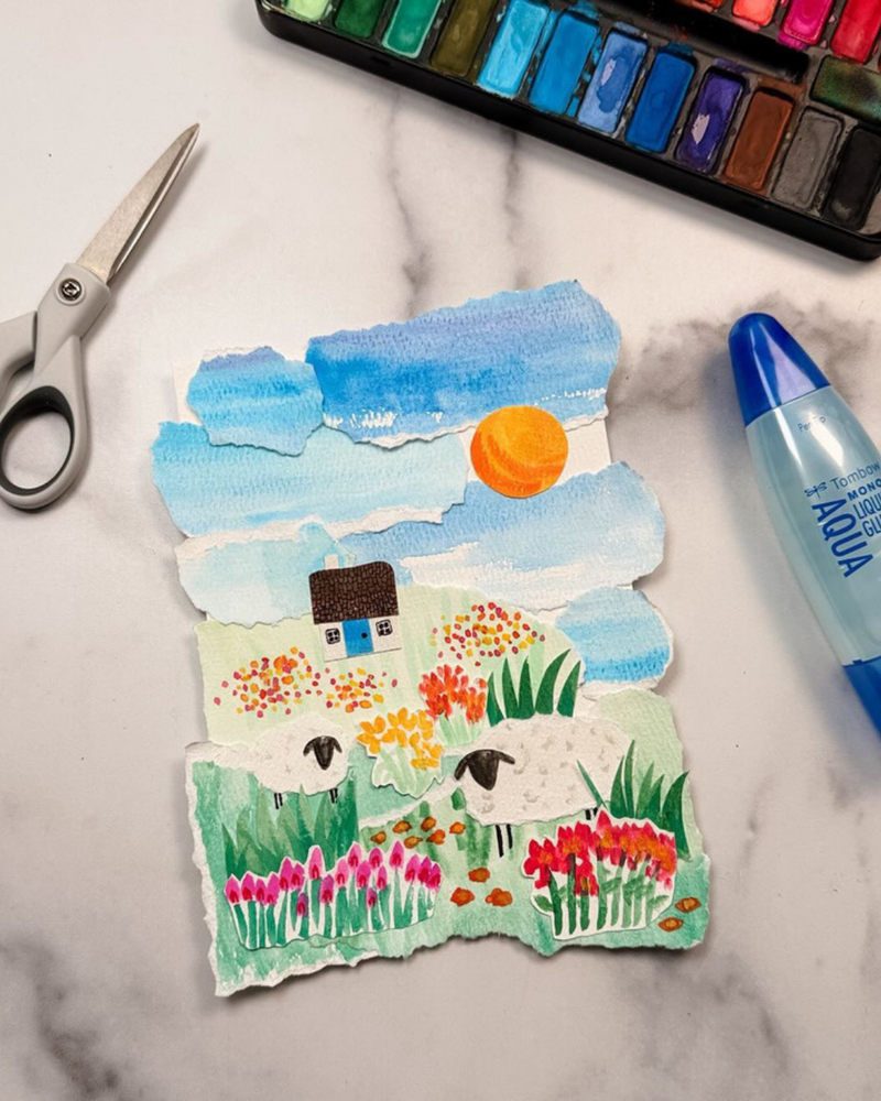 Load image into Gallery viewer, Watercolor Cut Paper Wildflower Landscape
