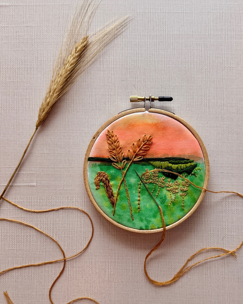 Load image into Gallery viewer, Field of Grains Watercolor & Embroidery on Fabric