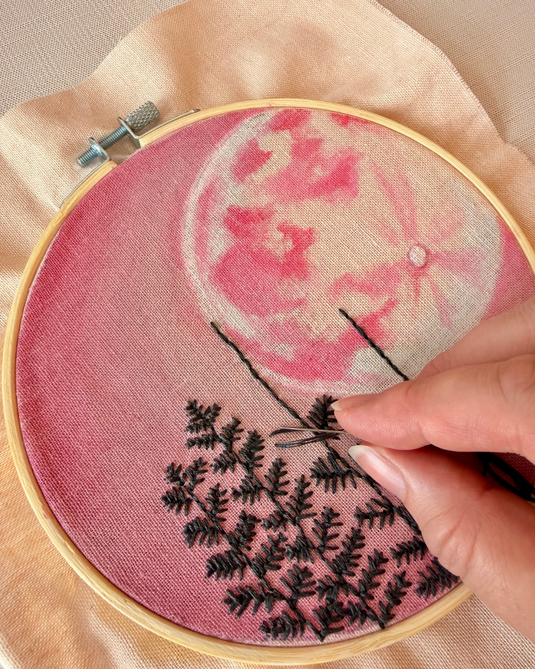 Full Moon Silhouette Watercolor Embroidery on Fabric