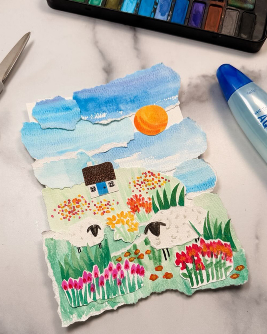 Watercolor Cut Paper Wildflower Landscape
