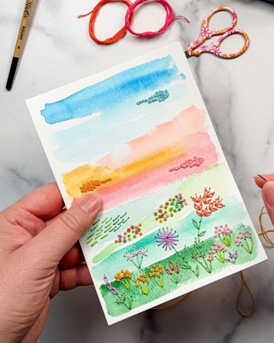 Sunflower Watercolor & Embroidery Note Cards