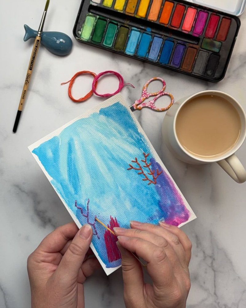 Load image into Gallery viewer, Reef Watercolor &amp; Embroidery Note Card
